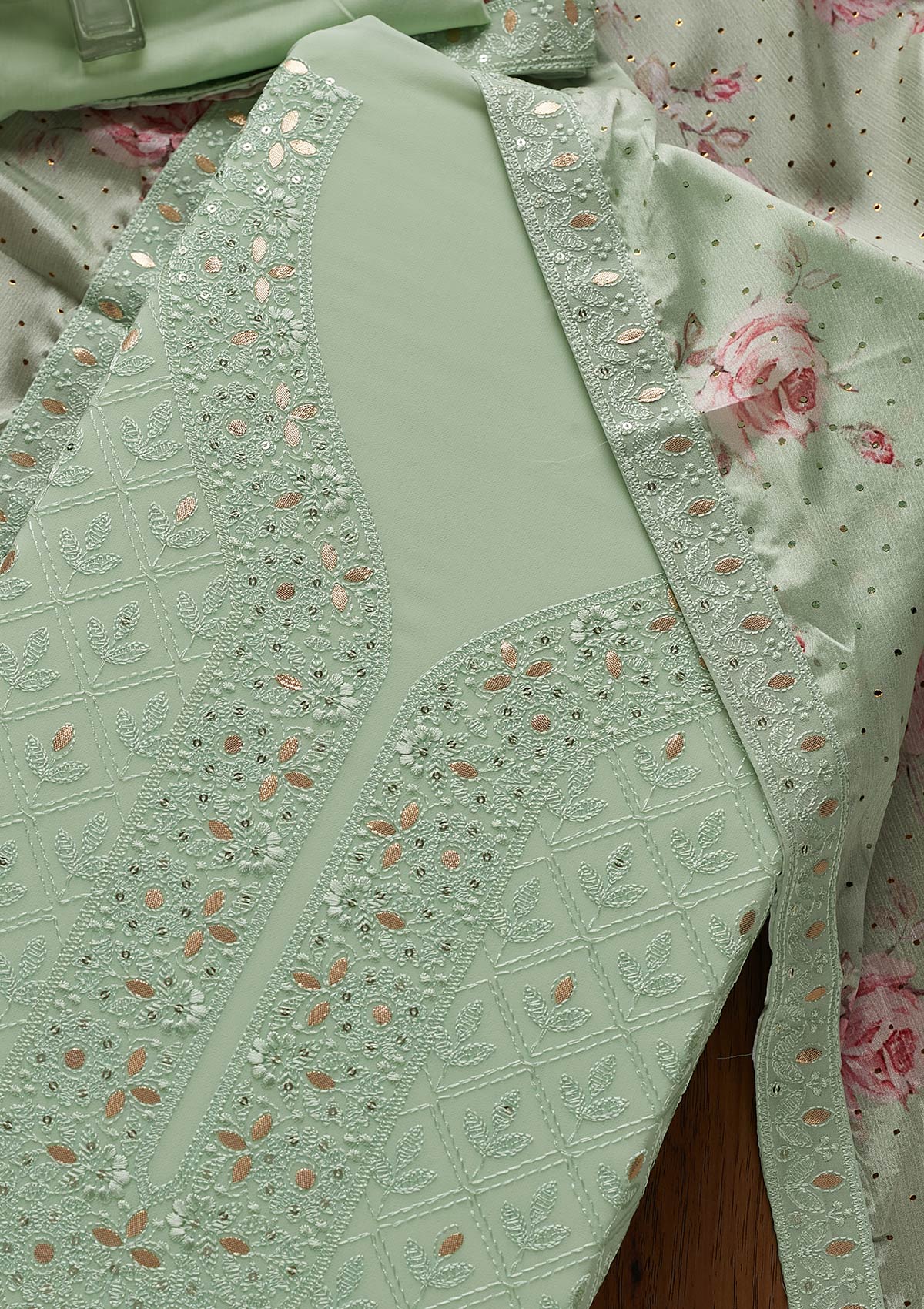 Pista Green Threadwork Georgette Designer Unstitched Salwar Suit - koskii
