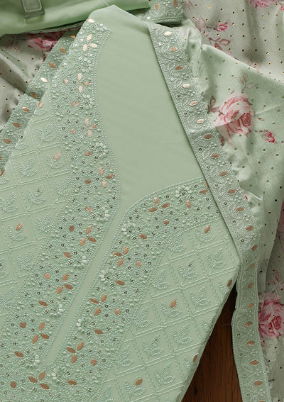 Pista Green Threadwork Georgette Designer Unstitched Salwar Suit - koskii