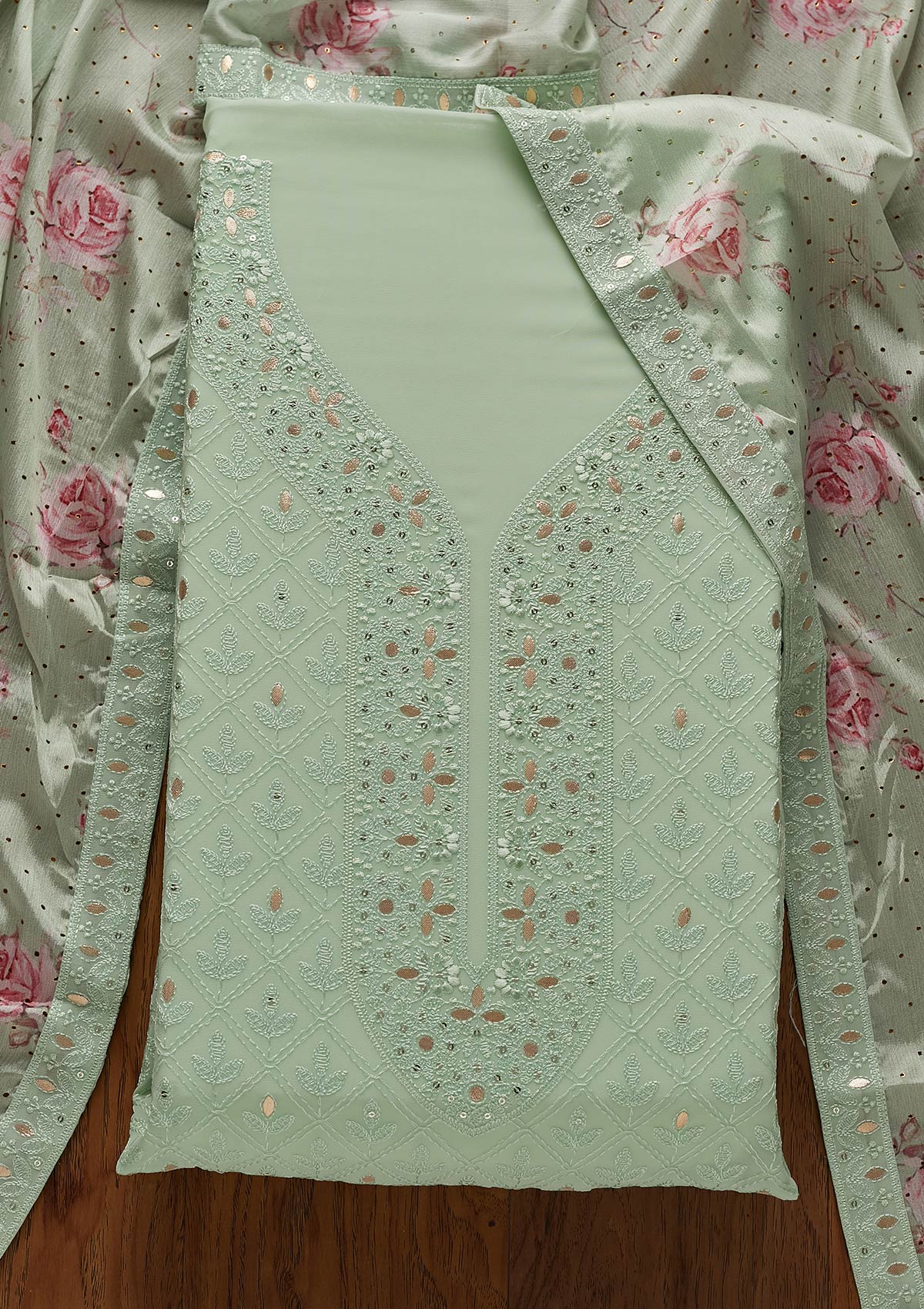 Pista Green Threadwork Georgette Designer Unstitched Salwar Suit - koskii