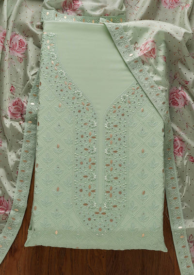 Pista Green Threadwork Georgette Designer Unstitched Salwar Suit - koskii