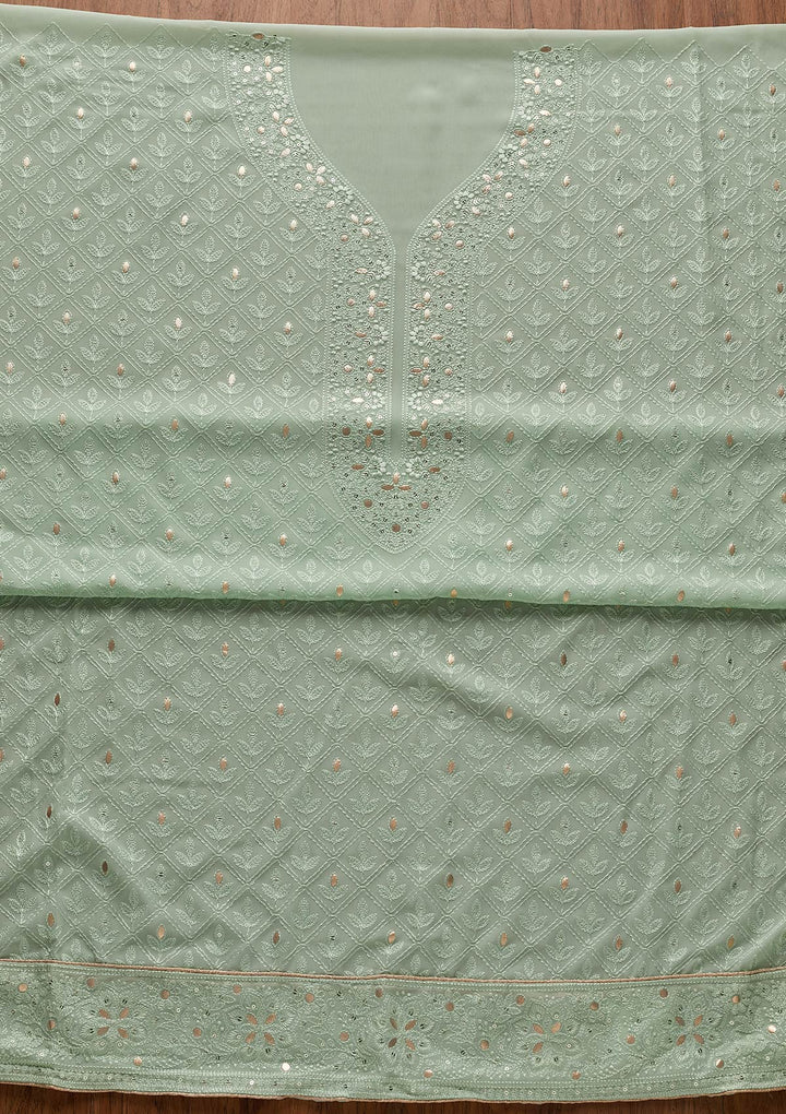 Pista Green Threadwork Georgette Designer Unstitched Salwar Suit - koskii
