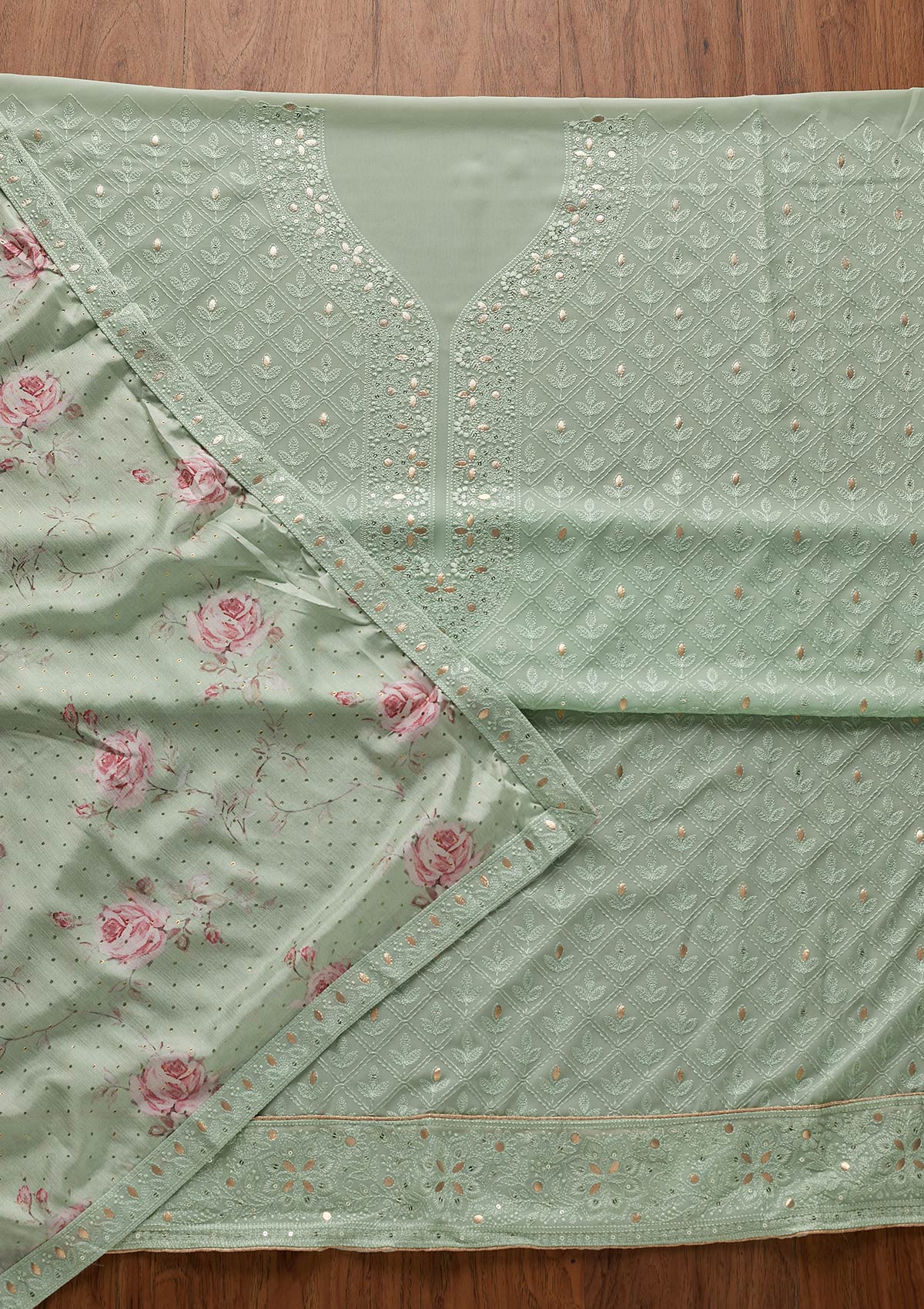 Pista Green Threadwork Georgette Designer Unstitched Salwar Suit - koskii
