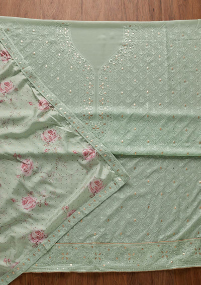 Pista Green Threadwork Georgette Designer Unstitched Salwar Suit - koskii
