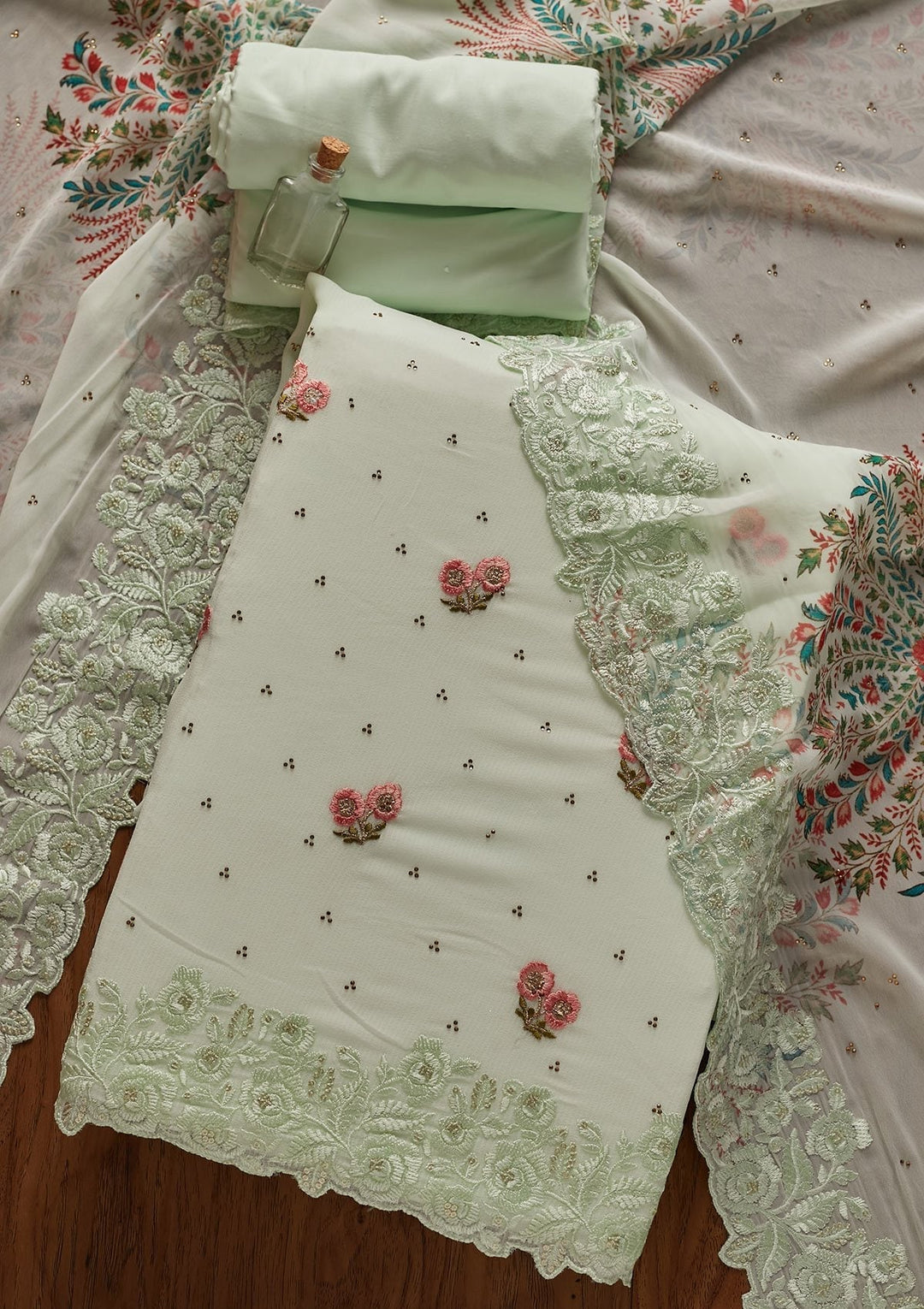 Pista Green Threadwork Georgette Designer Unstitched Salwar Suit - koskii