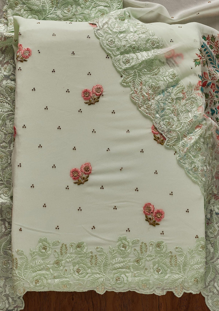Pista Green Threadwork Georgette Designer Unstitched Salwar Suit - koskii