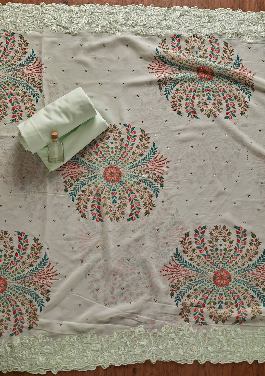 Pista Green Threadwork Georgette Designer Unstitched Salwar Suit - koskii