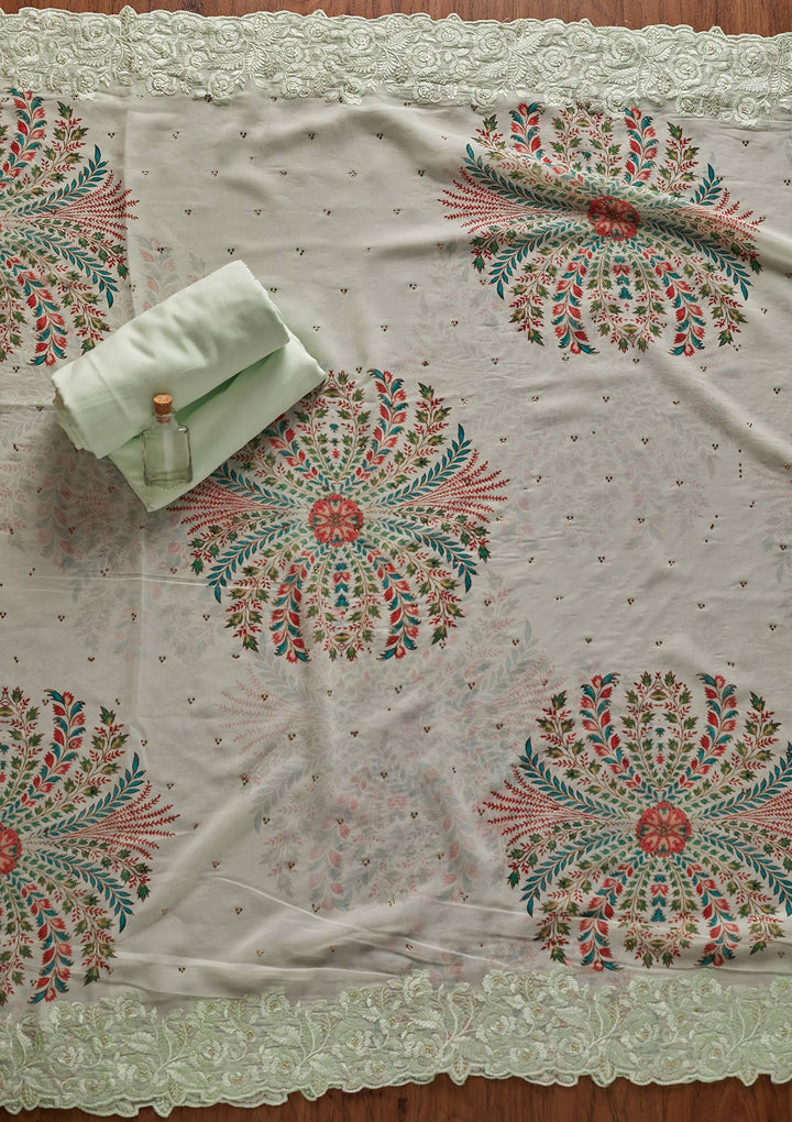 Pista Green Threadwork Georgette Designer Unstitched Salwar Suit - koskii