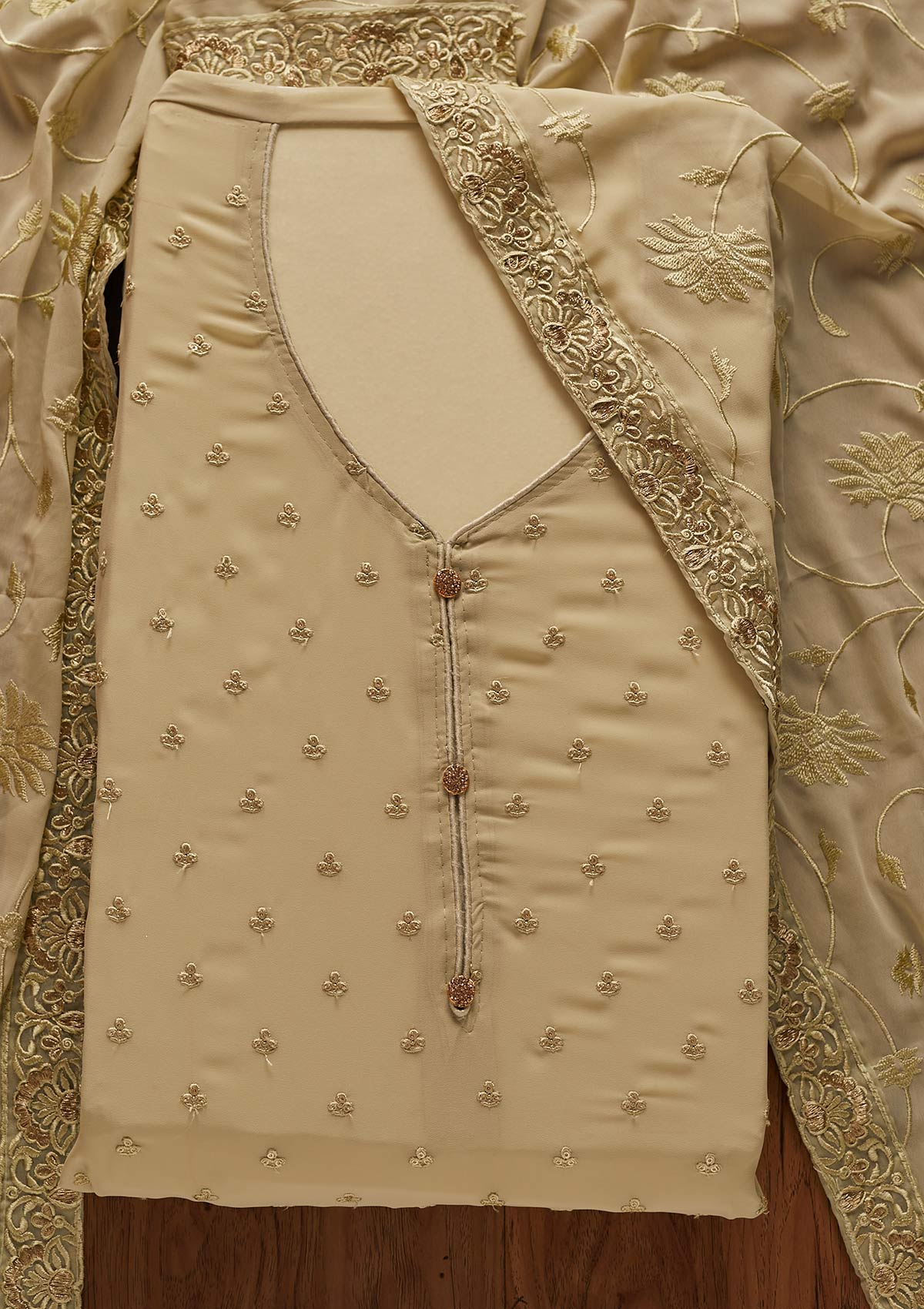 Pista Green Threadwork Georgette Designer Unstitched Salwar Suit - koskii
