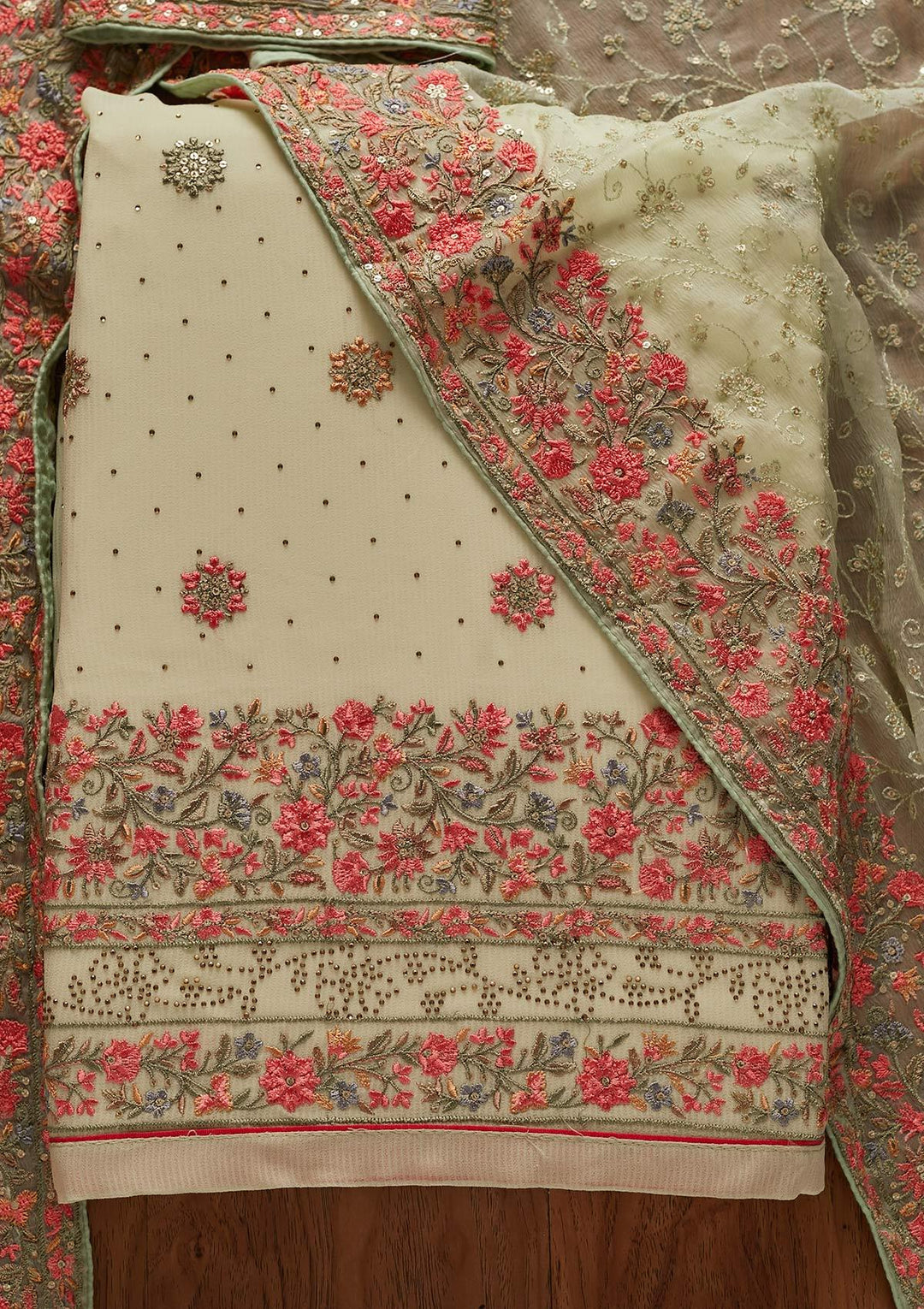 Pista Green Threadwork Georgette Designer Unstitched Salwar Suit - koskii