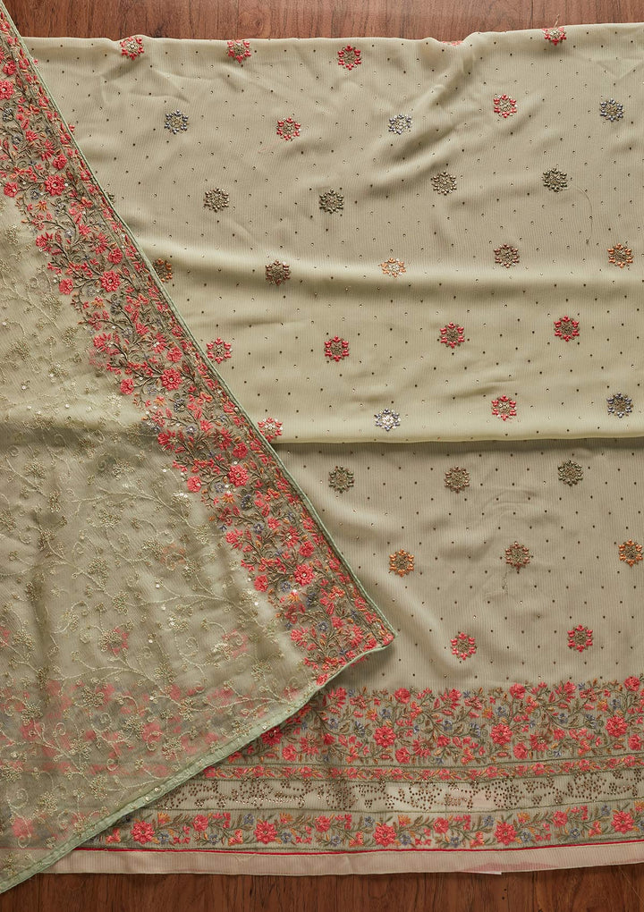 Pista Green Threadwork Georgette Designer Unstitched Salwar Suit - koskii