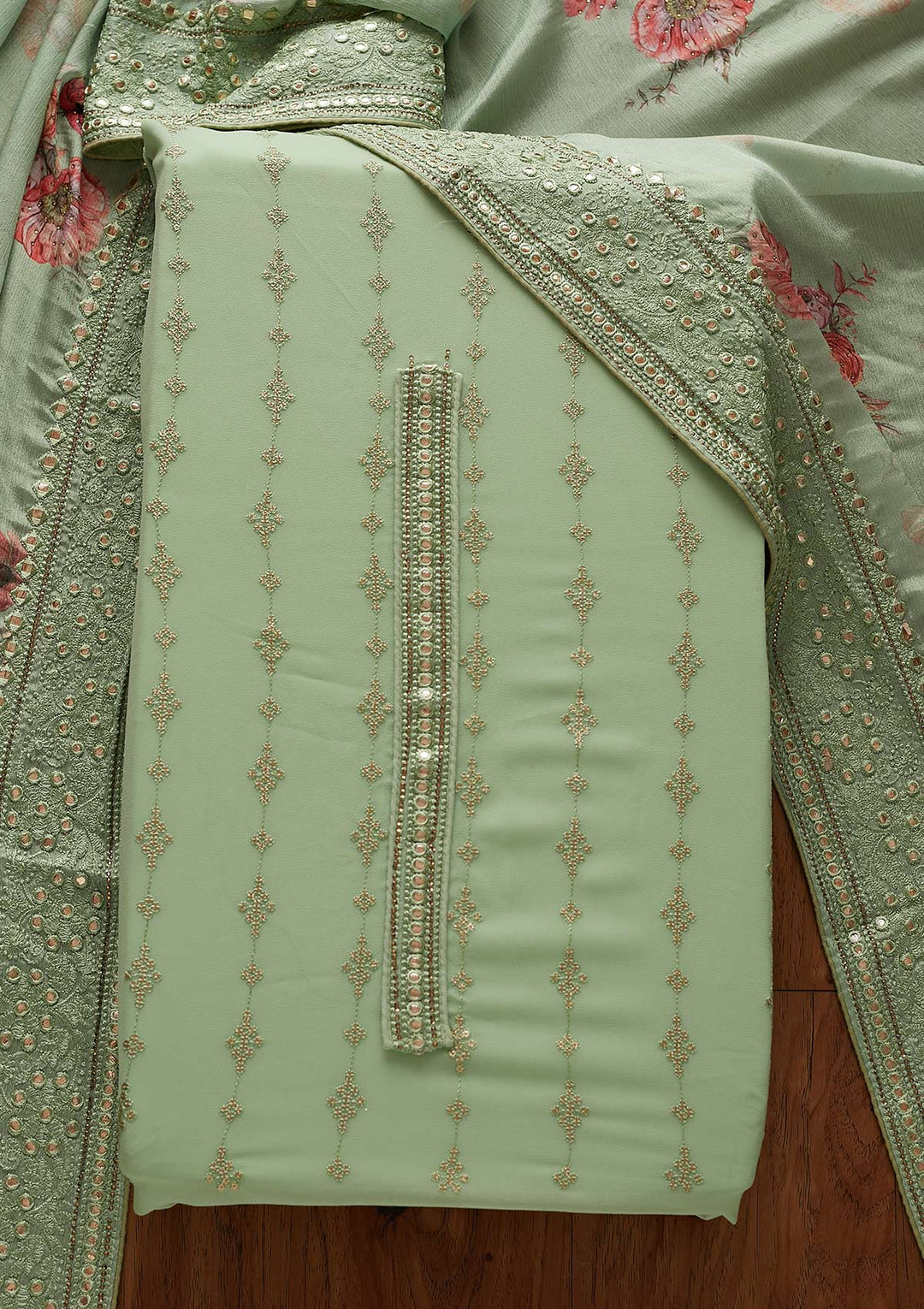 Pista Green Threadwork Georgette Designer Unstitched Salwar Suit - koskii