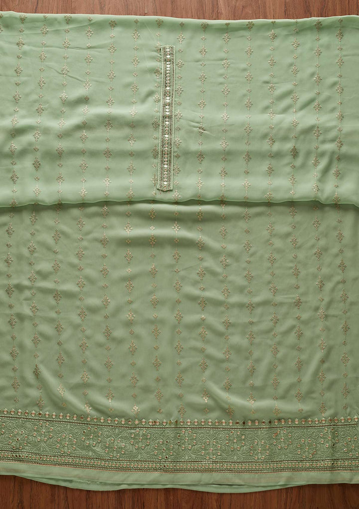 Pista Green Threadwork Georgette Designer Unstitched Salwar Suit - koskii