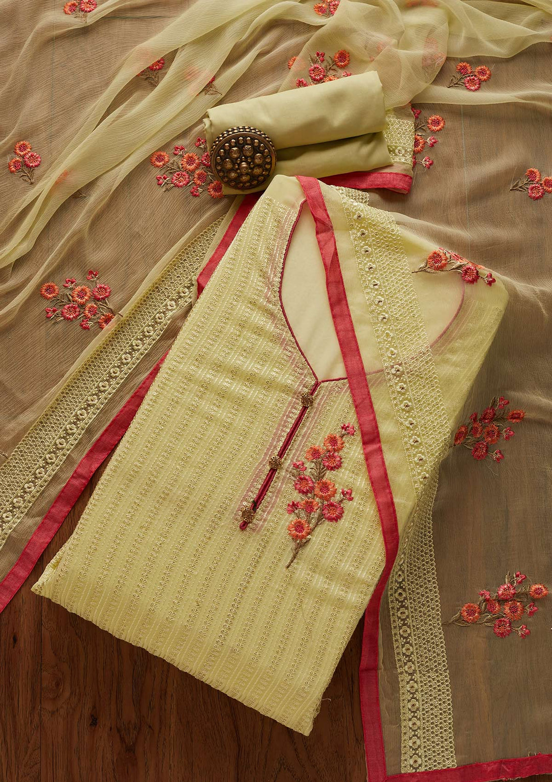 Pista Green Threadwork Georgette Designer Unstitched Salwar Suit - Koskii
