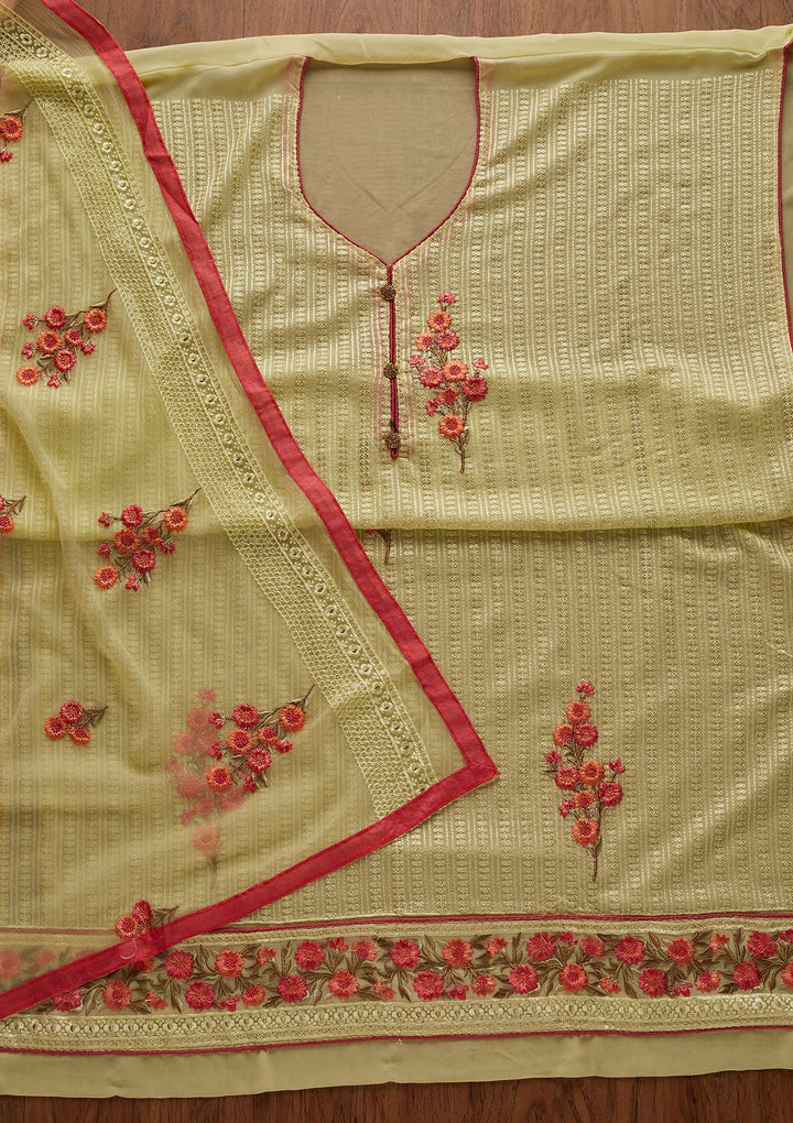 Pista Green Threadwork Georgette Designer Unstitched Salwar Suit - Koskii