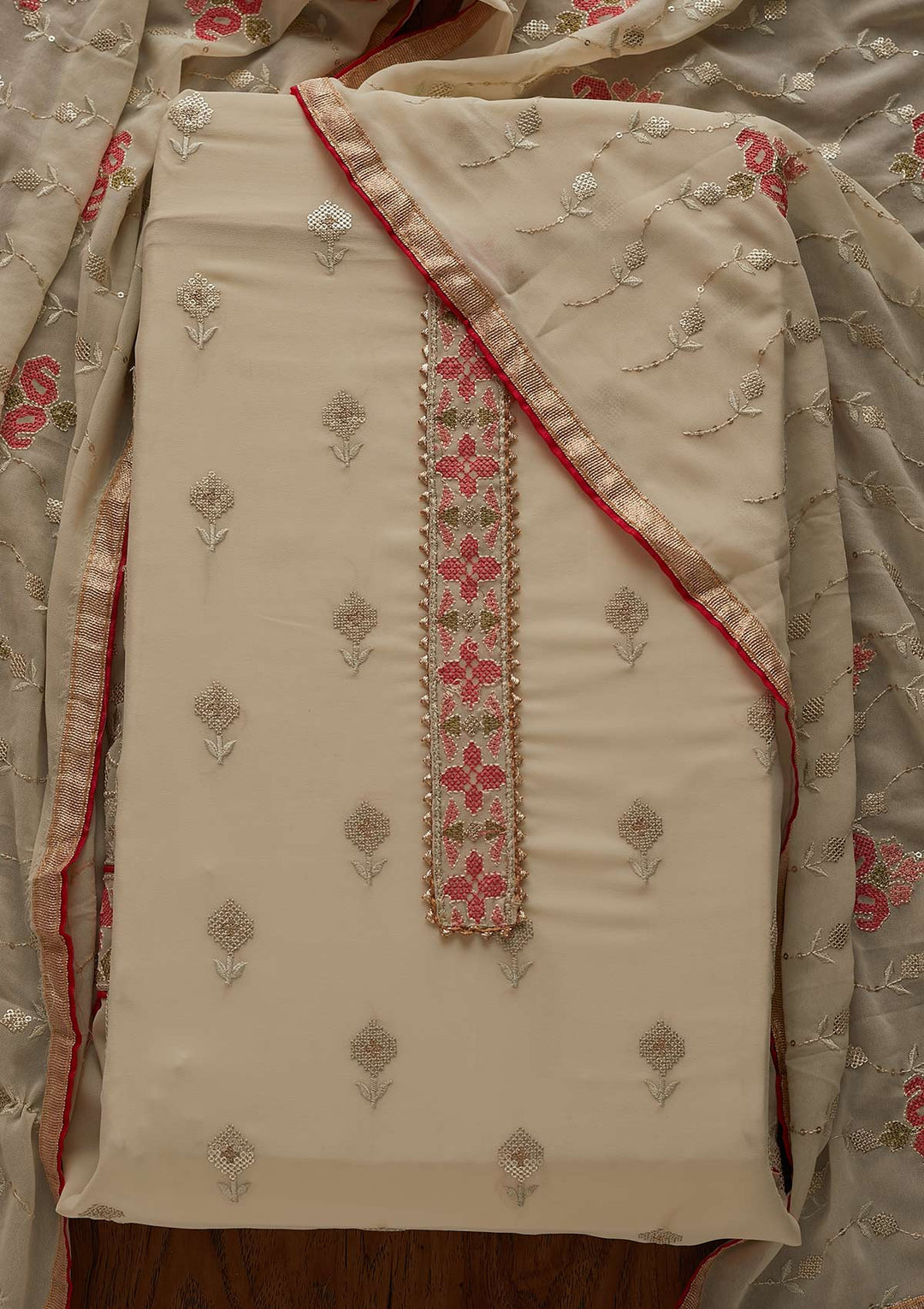Pista Green Threadwork Georgette Semi-Stitched Salwar Suit - Koskii