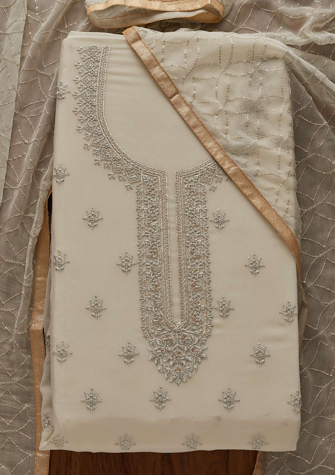 Pista Green Threadwork Georgette Designer Unstitched Salwar Suit - Koskii