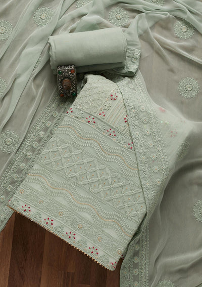 Pista Green Threadwork Georgette Unstitched Salwar Suit- Koskii