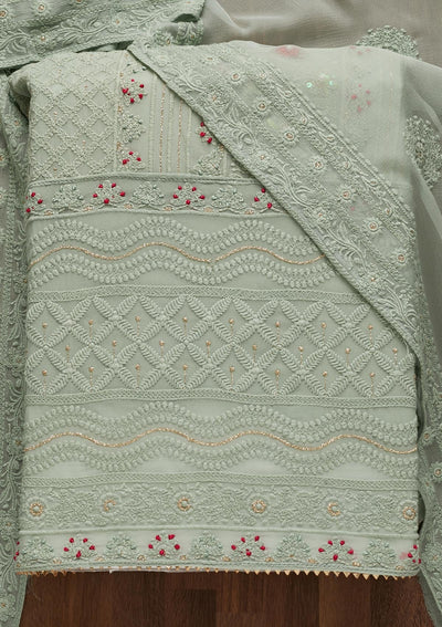 Pista Green Threadwork Georgette Unstitched Salwar Suit - Koskii