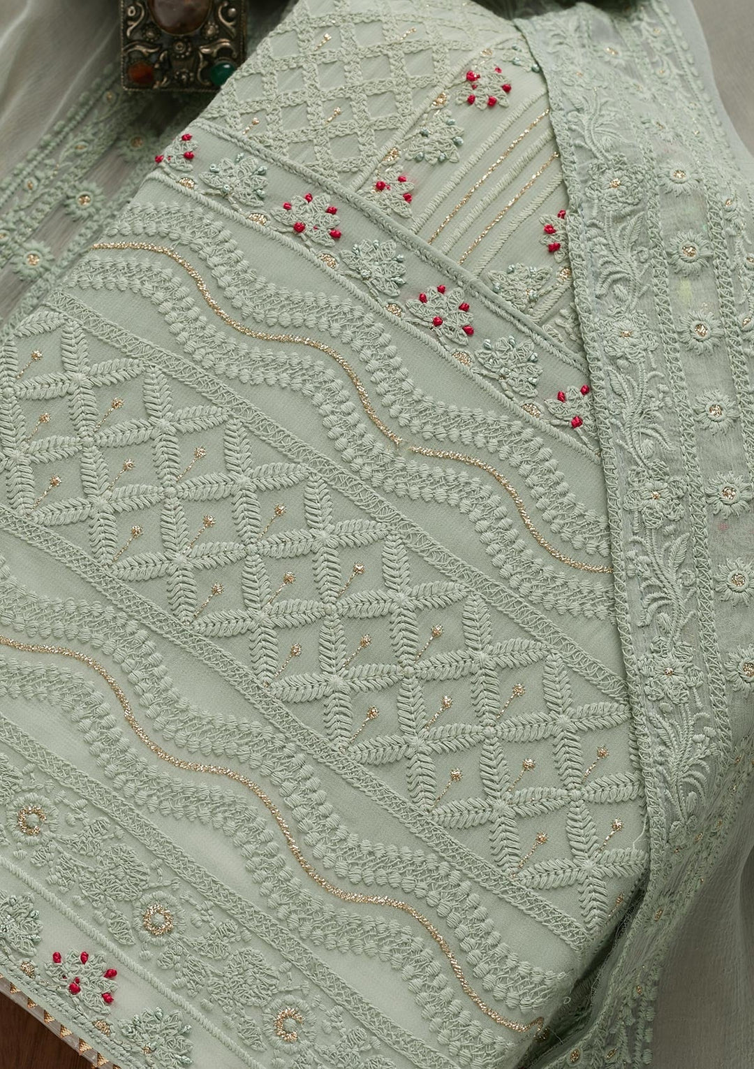 Pista Green Threadwork Georgette Unstitched Salwar Suit - Koskii