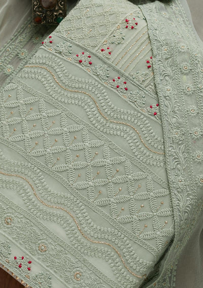 Pista Green Threadwork Georgette Unstitched Salwar Suit - Koskii