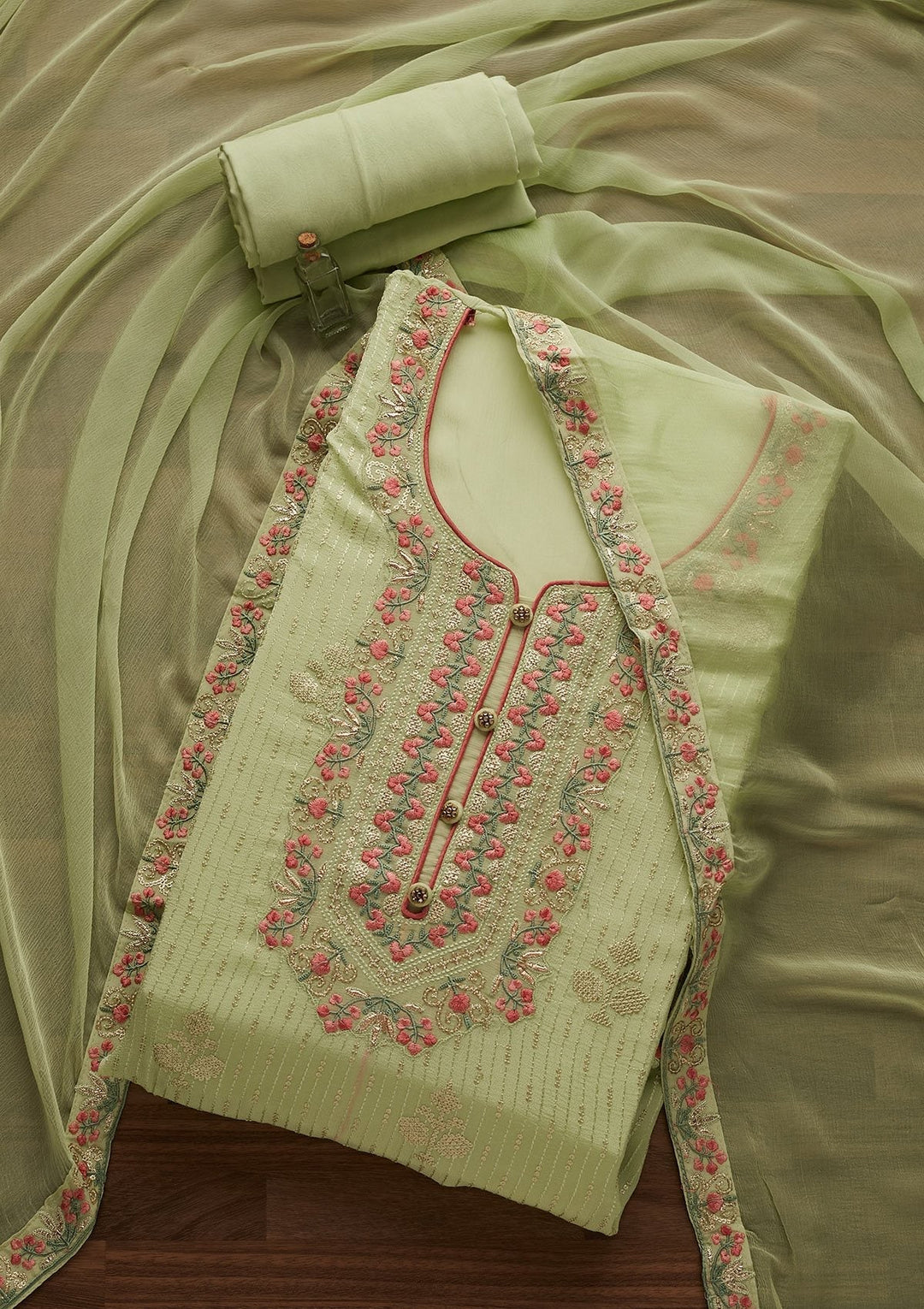 Pista Green Threadwork Georgette Designer Unstitched Salwar Suit - Koskii