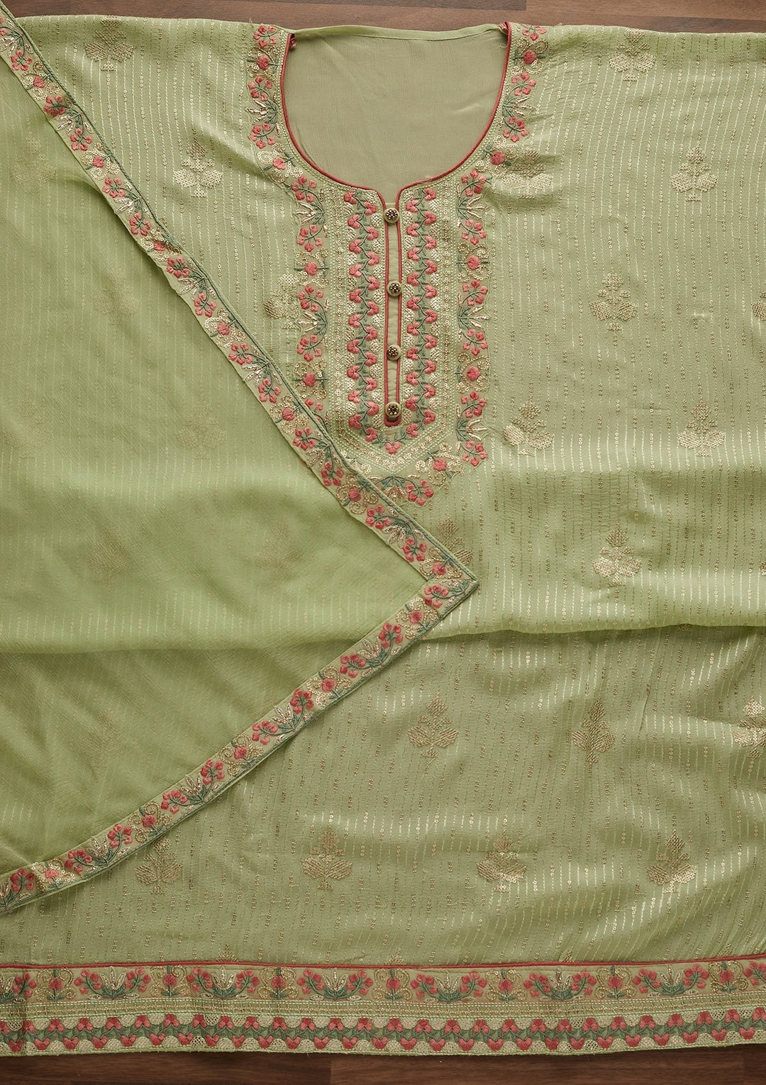 Pista Green Threadwork Georgette Designer Unstitched Salwar Suit - Koskii