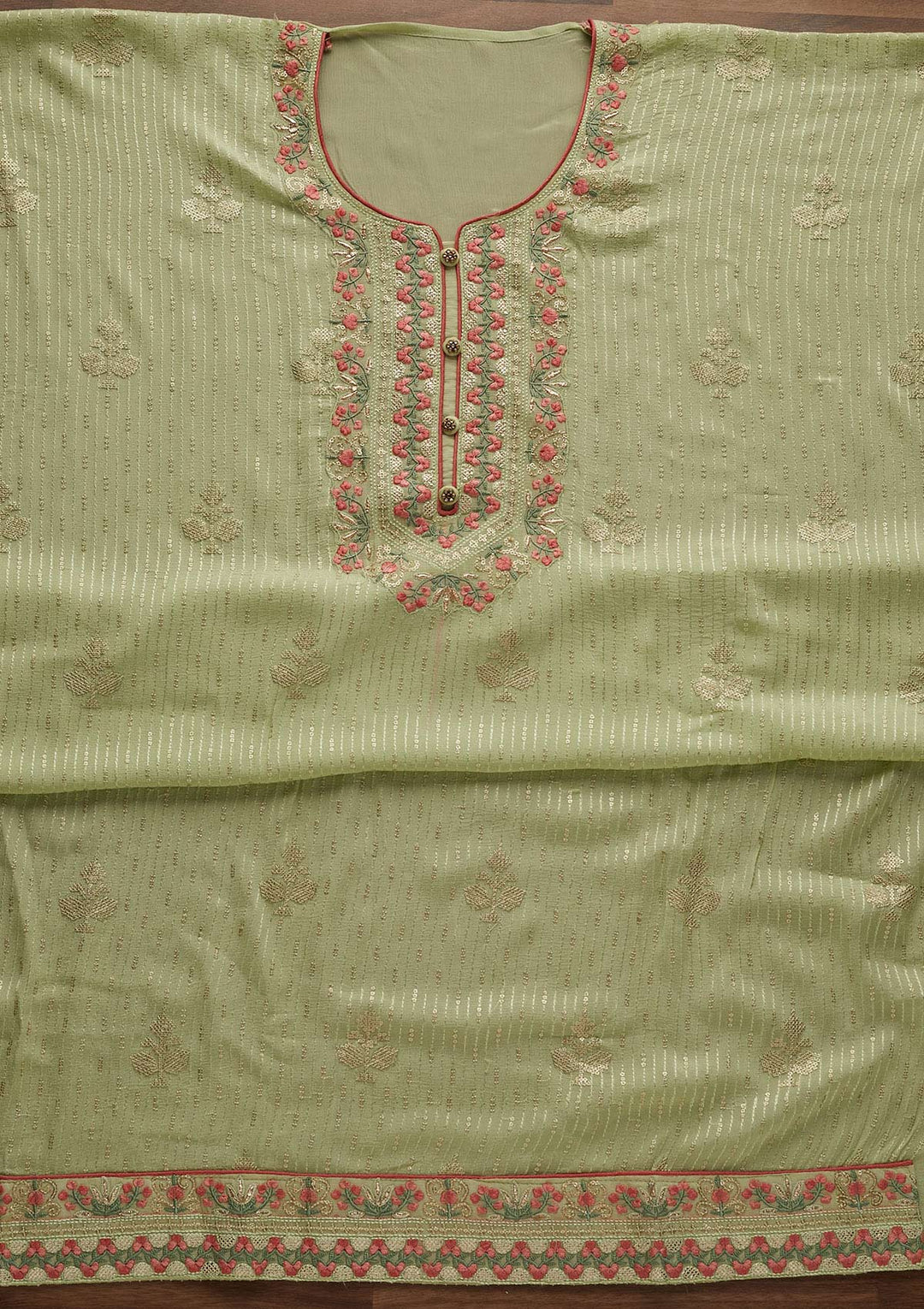 Pista Green Threadwork Georgette Designer Unstitched Salwar Suit - Koskii