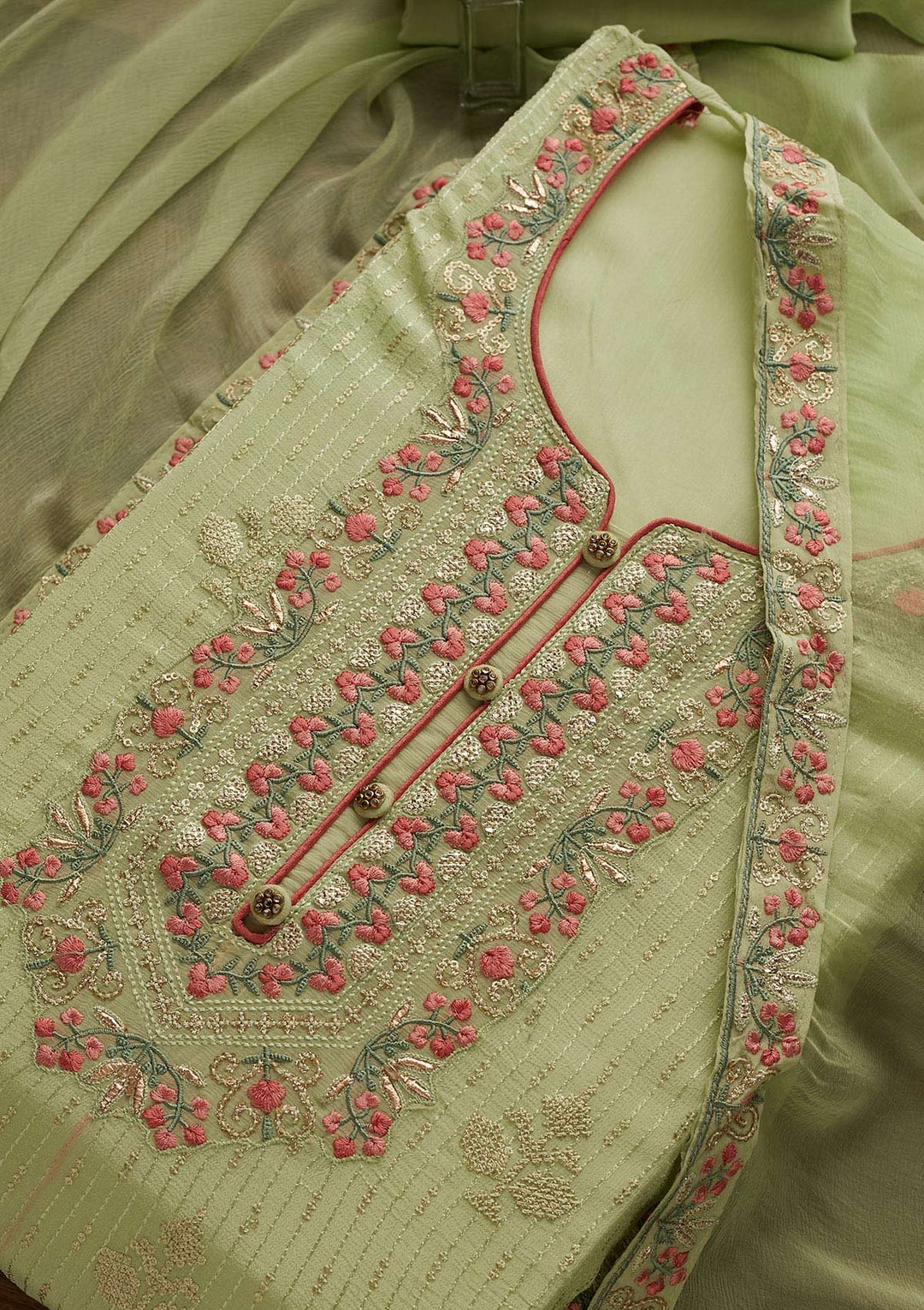Pista Green Threadwork Georgette Designer Unstitched Salwar Suit - Koskii