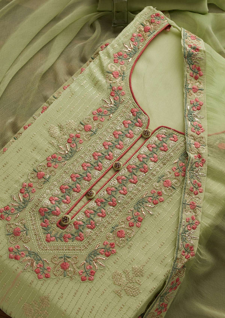 Pista Green Threadwork Georgette Designer Unstitched Salwar Suit - Koskii
