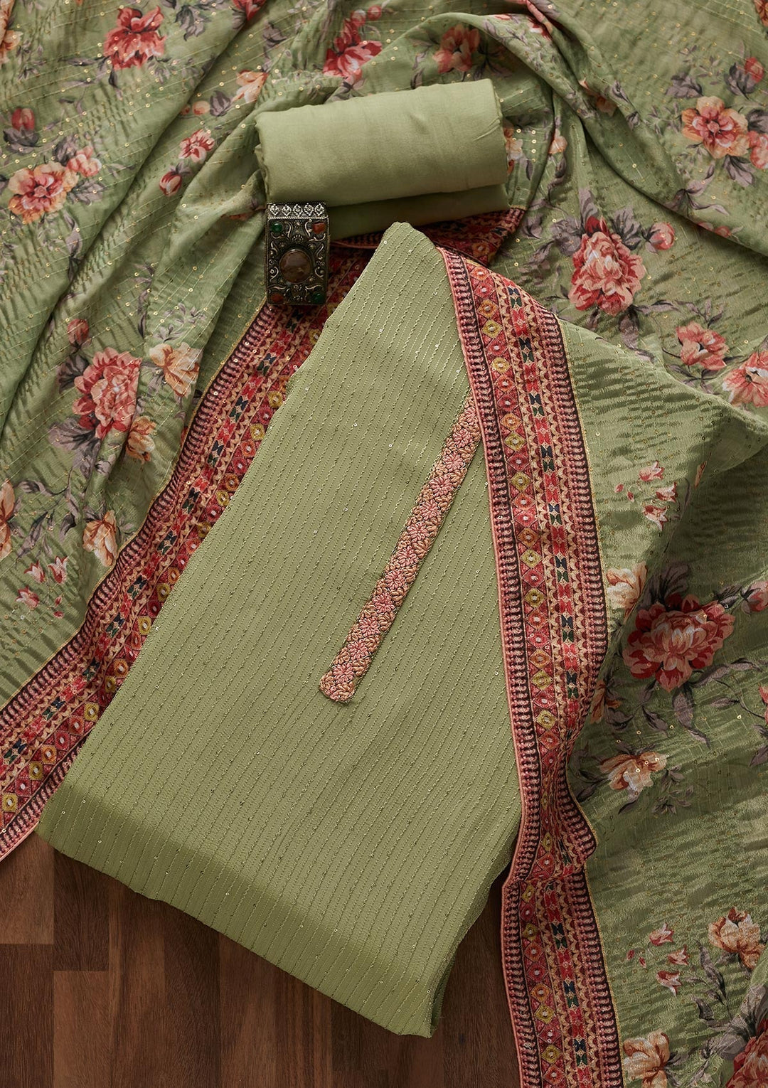 Pista Green Threadwork Georgette Designer Unstitched Salwar Suit - Koskii