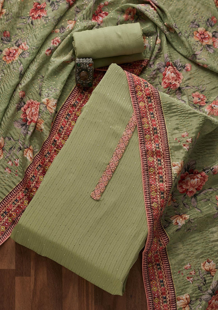 Pista Green Threadwork Georgette Designer Unstitched Salwar Suit - Koskii