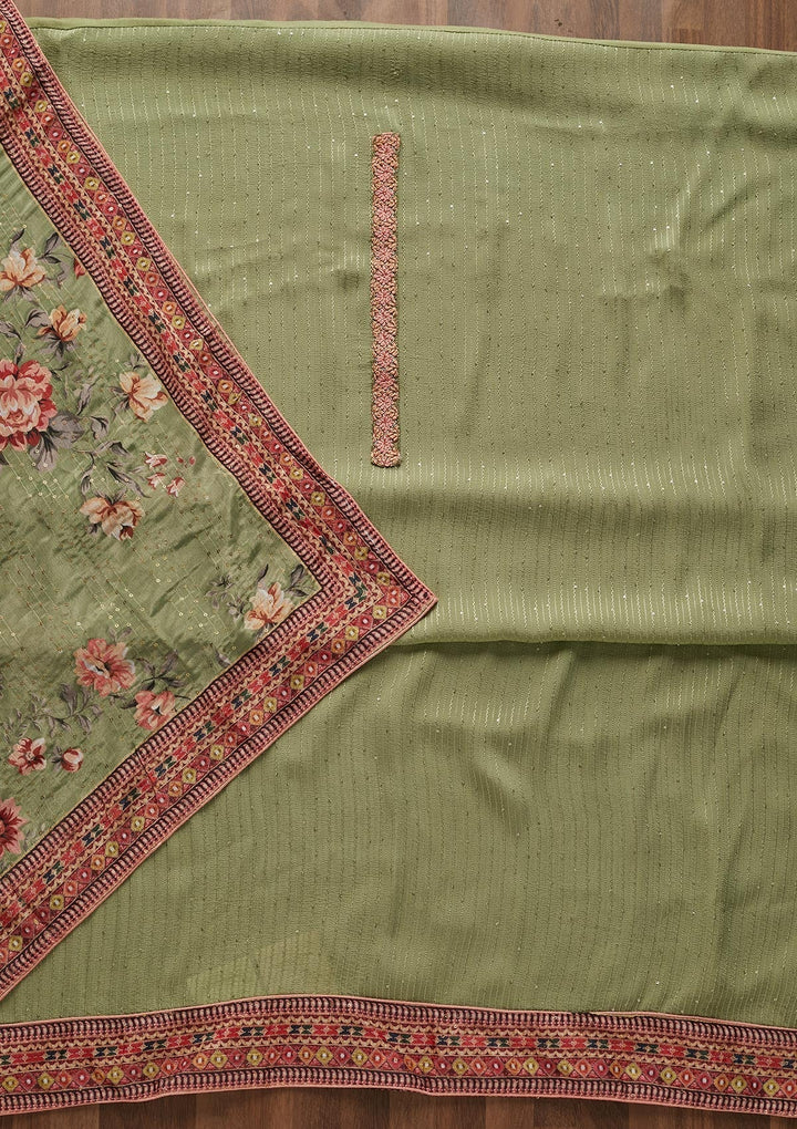 Pista Green Threadwork Georgette Designer Unstitched Salwar Suit - Koskii