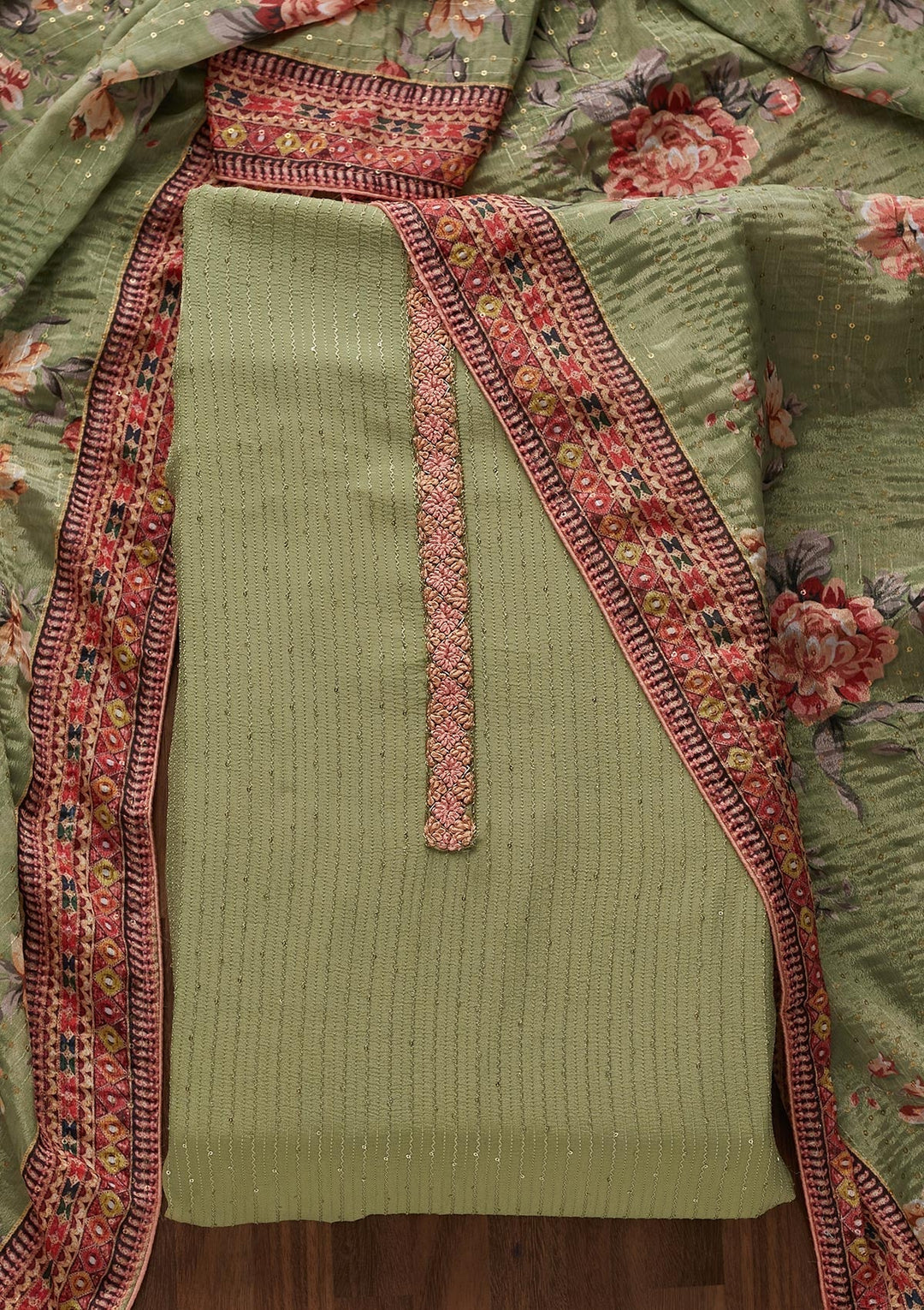 Pista Green Threadwork Georgette Designer Unstitched Salwar Suit - Koskii