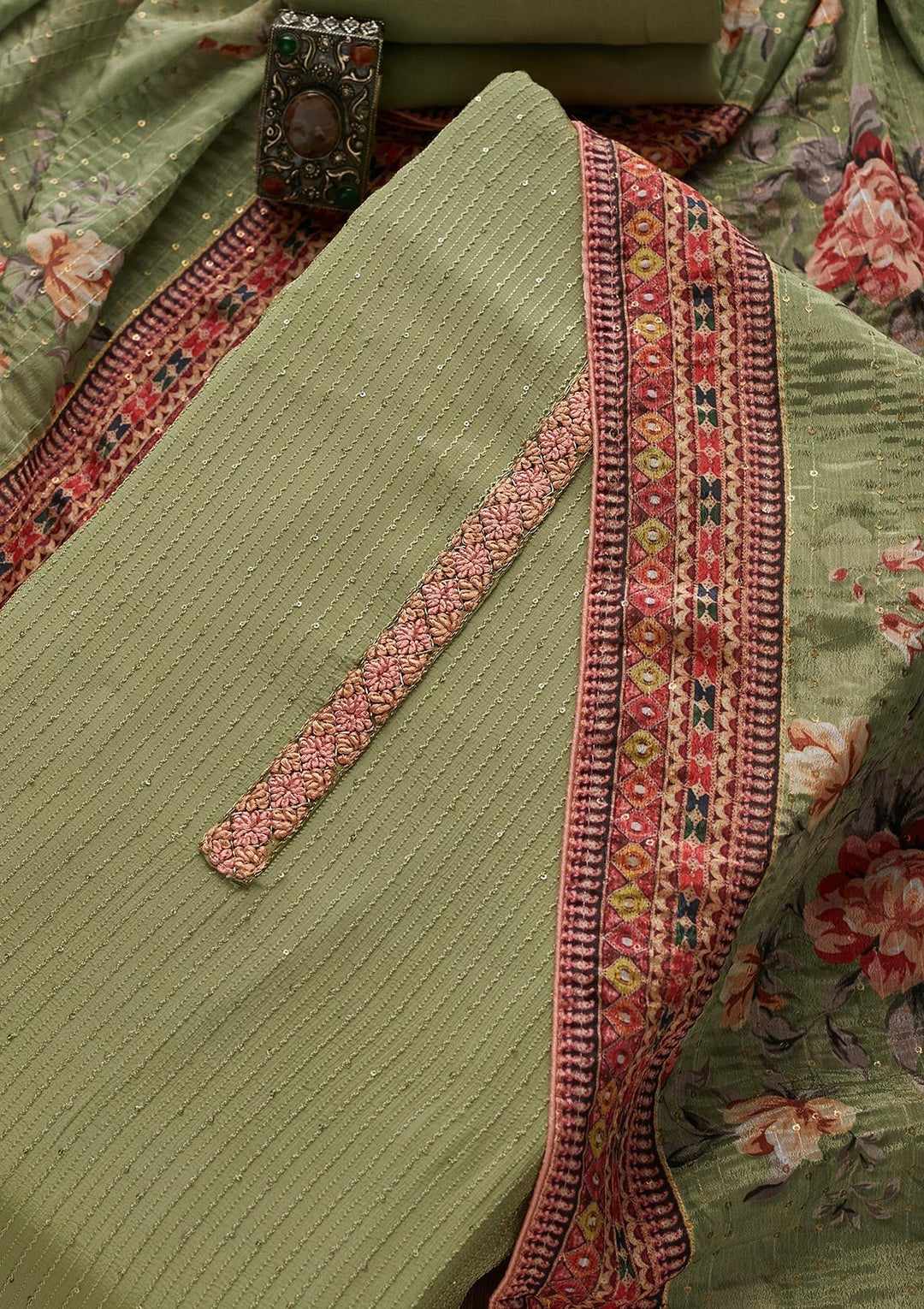Pista Green Threadwork Georgette Designer Unstitched Salwar Suit - Koskii