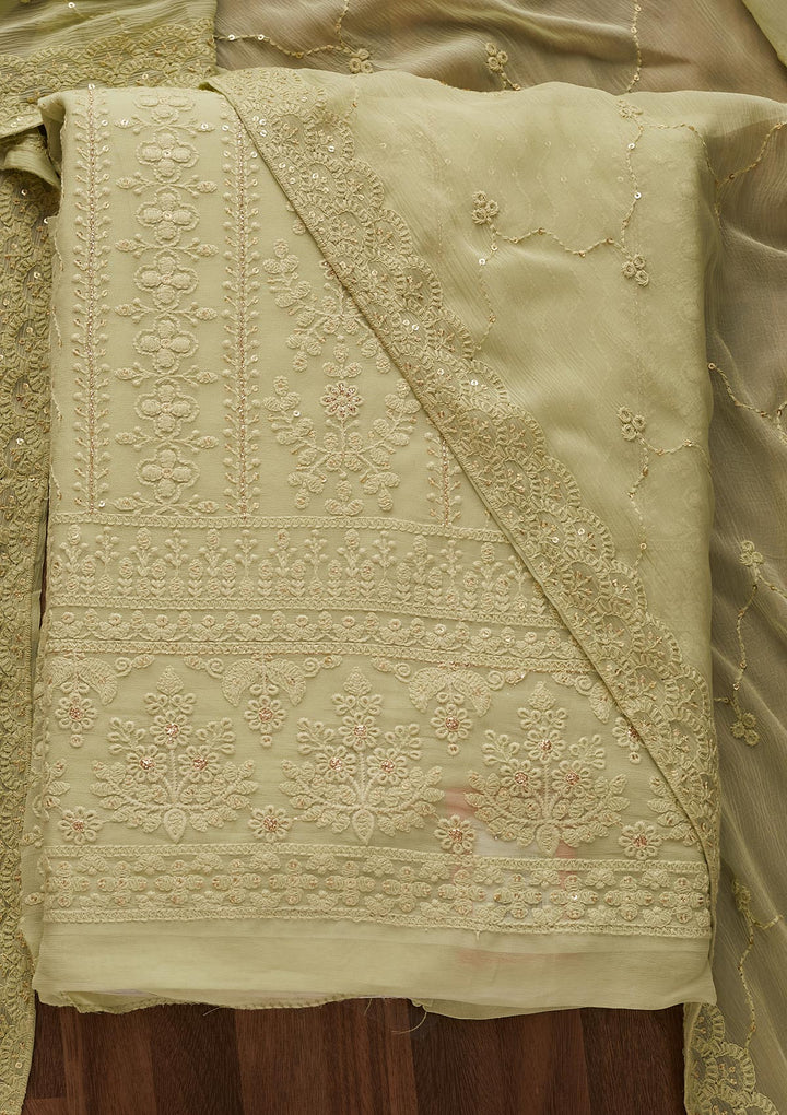 Pista Green Threadwork Georgette Designer Unstitched Salwar Suit - Koskii