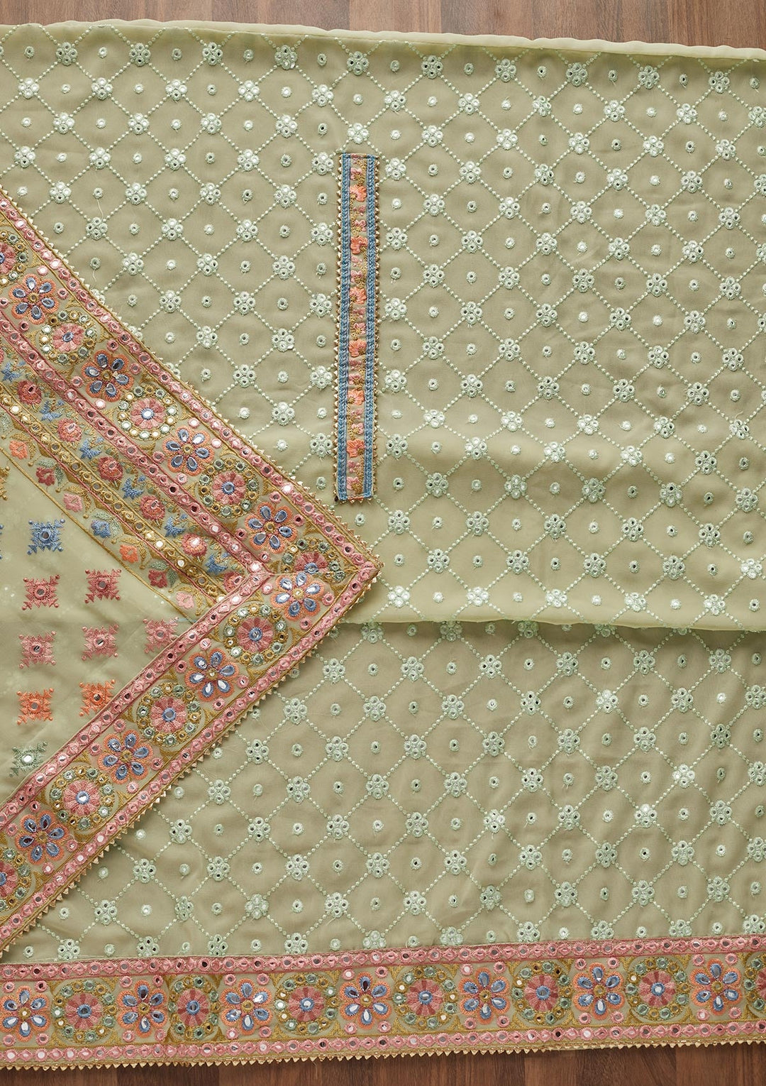 Pista Green Threadwork Georgette Unstitched Salwar Suit - Koskii