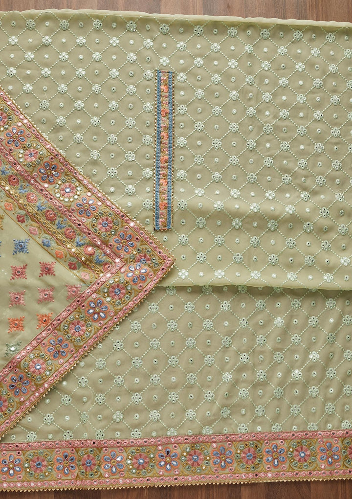 Pista Green Threadwork Georgette Unstitched Salwar Suit - Koskii