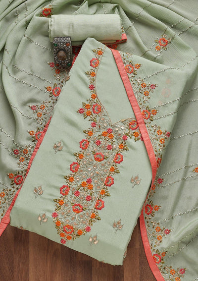 Pista Green Threadwork Georgette Unstitched Salwar Suit- Koskii