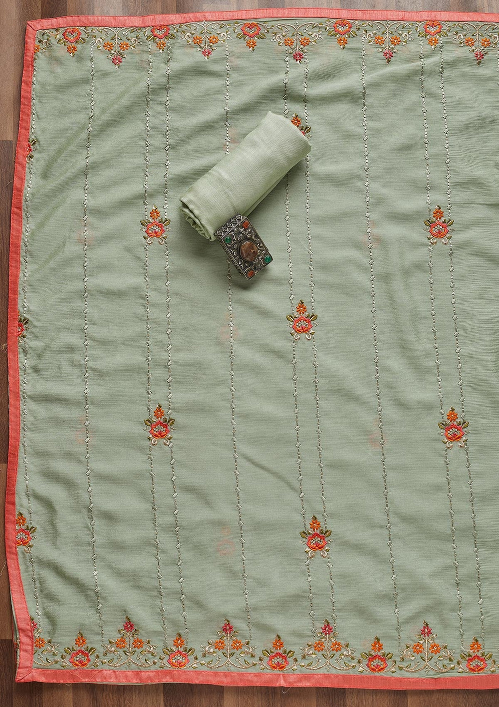 Pista Green Threadwork Georgette Unstitched Salwar Suit - Koskii