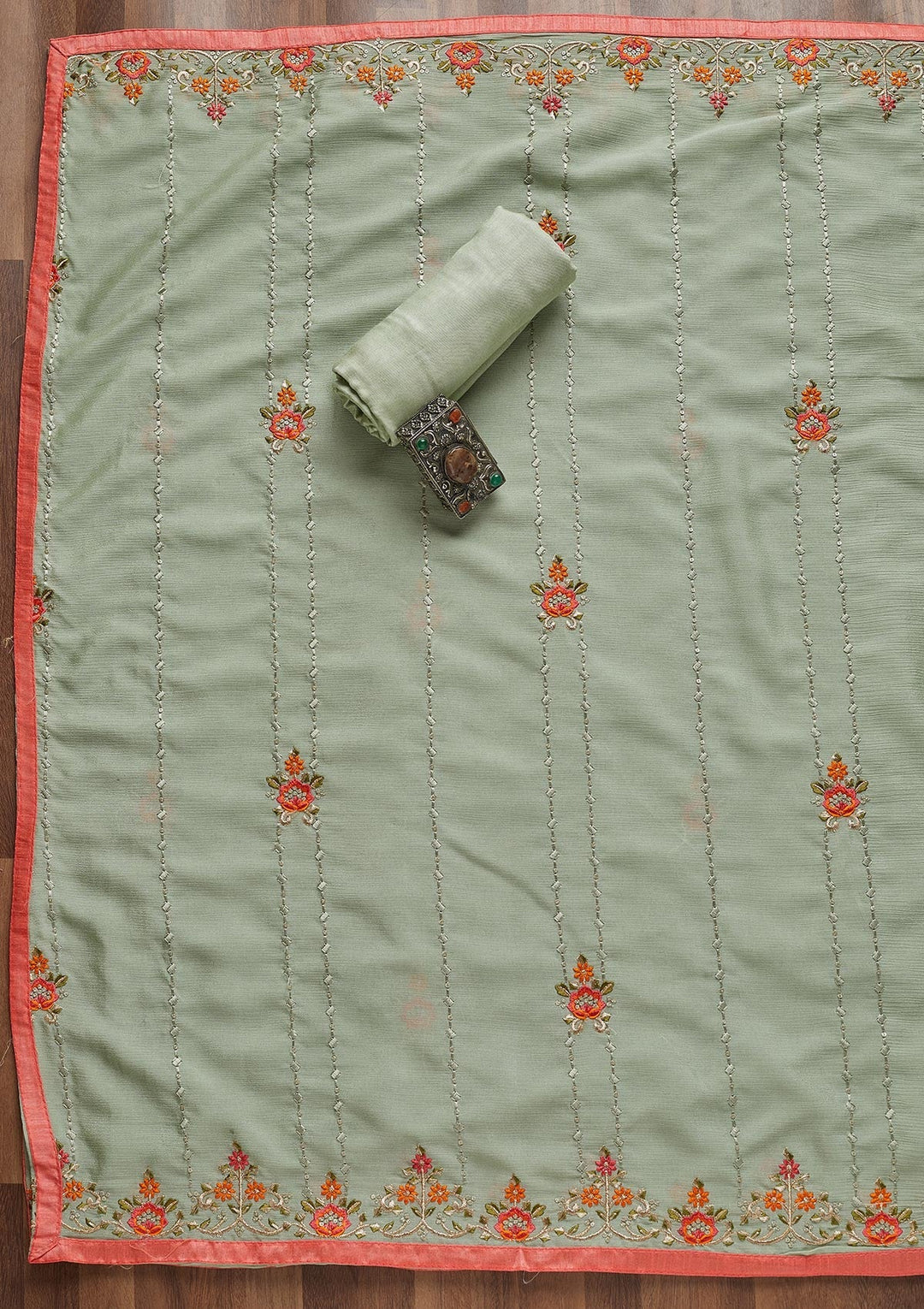 Pista Green Threadwork Georgette Unstitched Salwar Suit - Koskii