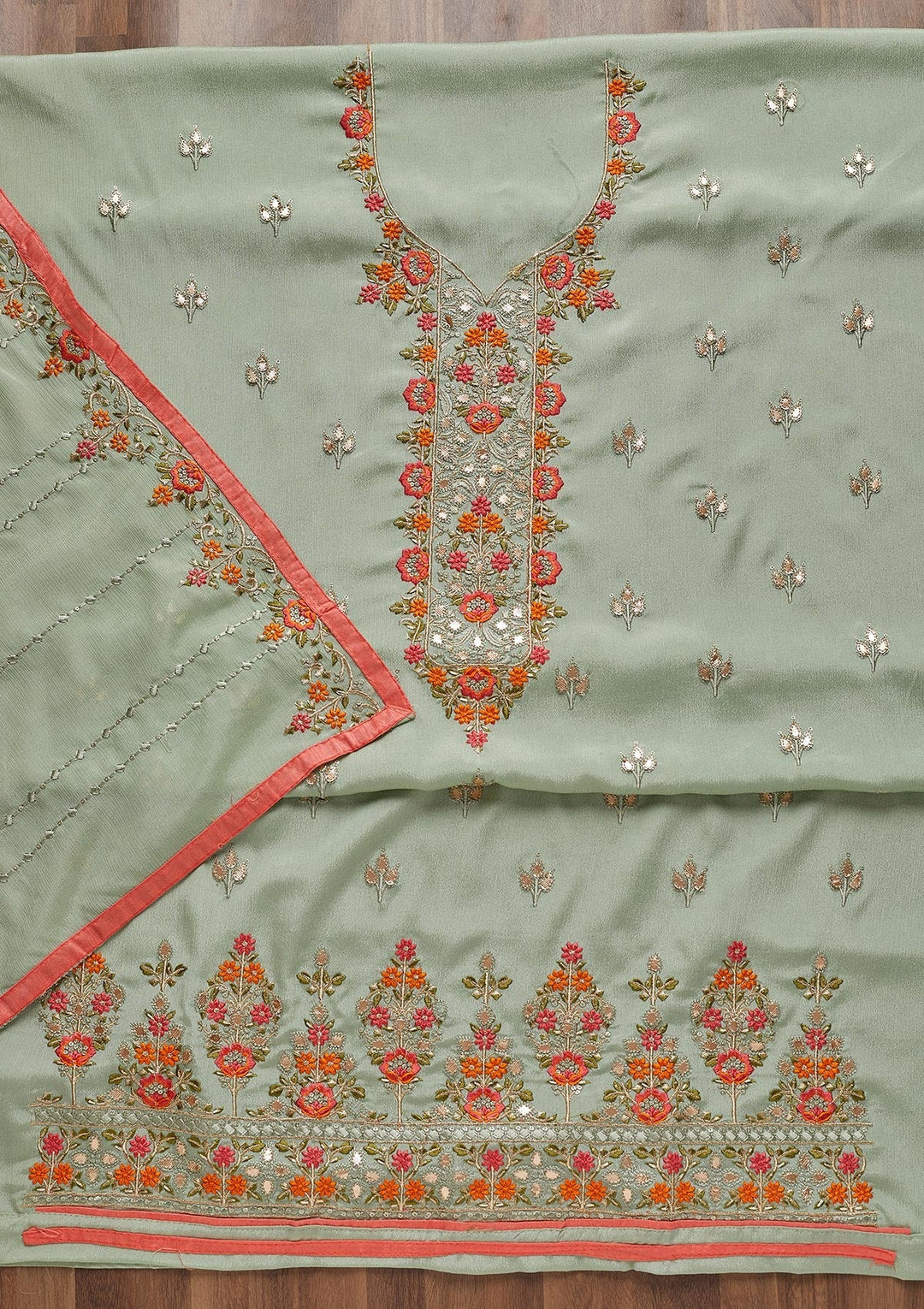 Pista Green Threadwork Georgette Unstitched Salwar Suit - Koskii