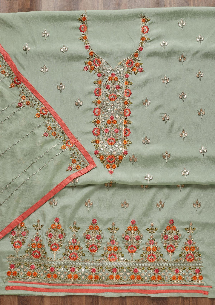 Pista Green Threadwork Georgette Unstitched Salwar Suit - Koskii