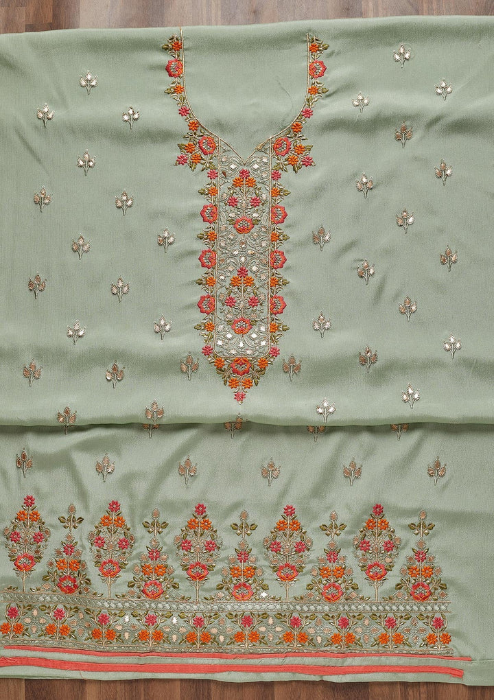 Pista Green Threadwork Georgette Unstitched Salwar Suit - Koskii
