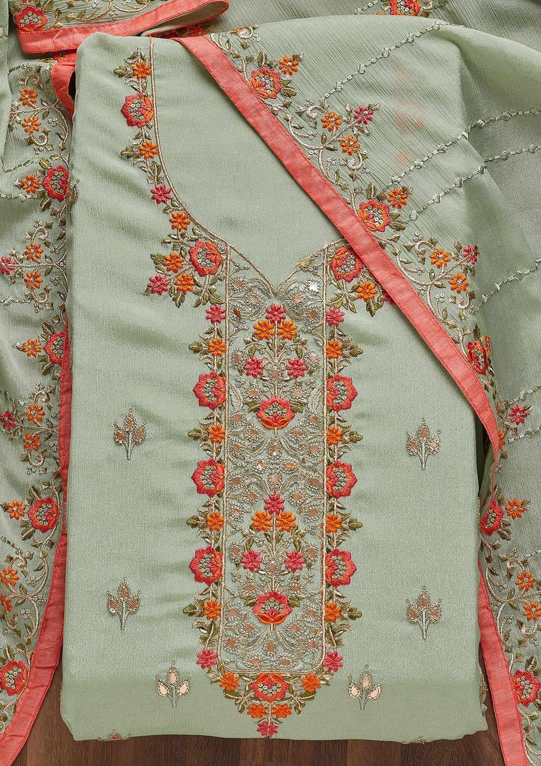 Pista Green Threadwork Georgette Unstitched Salwar Suit - Koskii