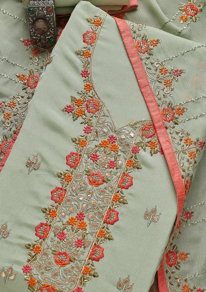 Pista Green Threadwork Georgette Unstitched Salwar Suit - Koskii