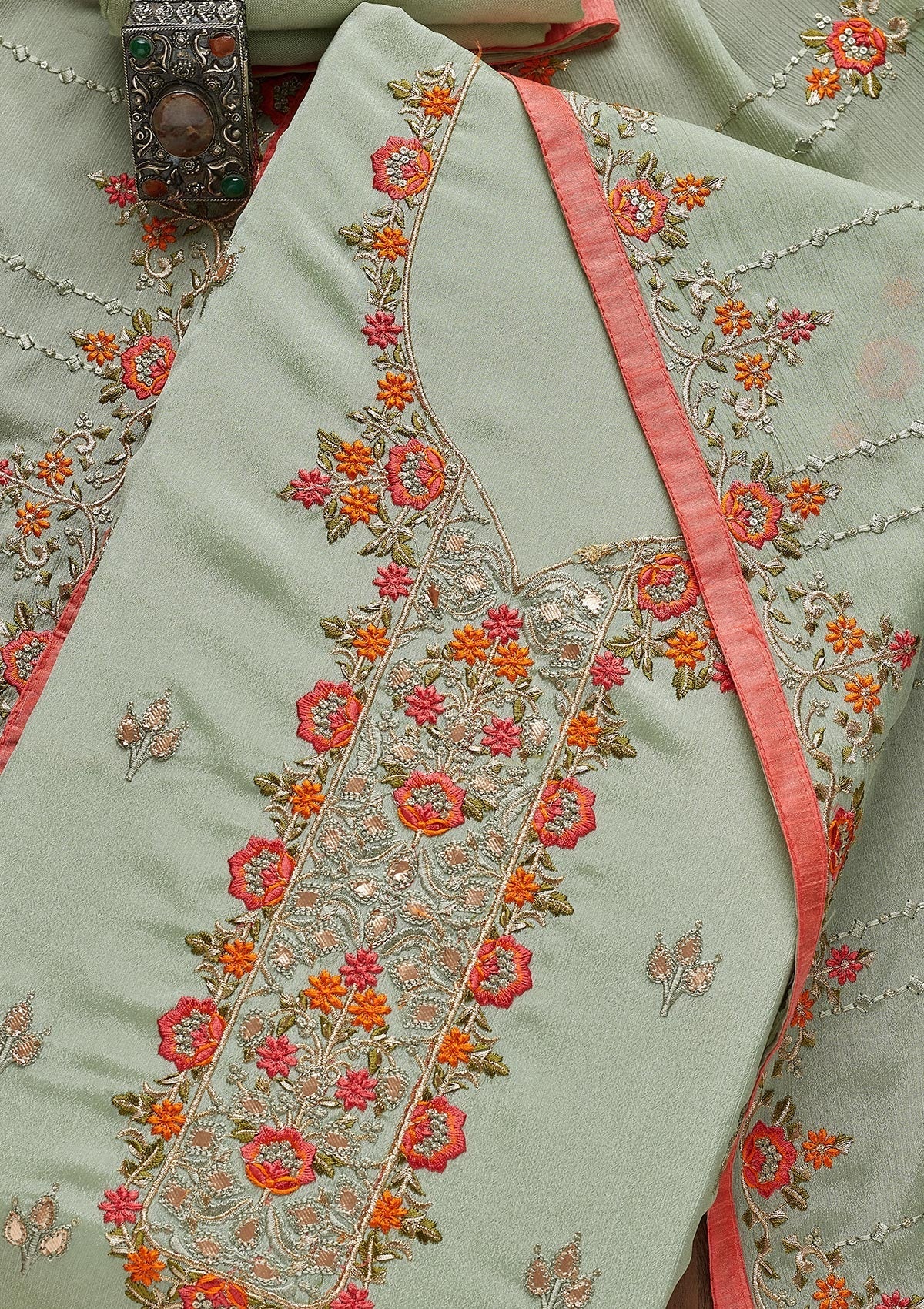 Pista Green Threadwork Georgette Unstitched Salwar Suit - Koskii