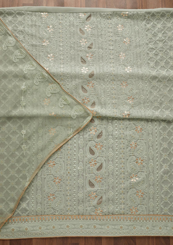 Pista Green Threadwork Georgette  Unstitched Salwar Suit - Koskii
