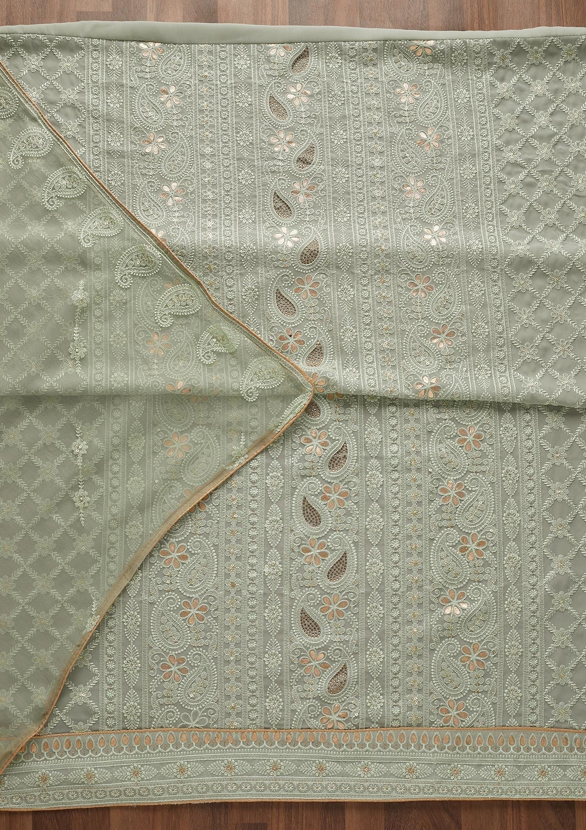 Pista Green Threadwork Georgette  Unstitched Salwar Suit - Koskii