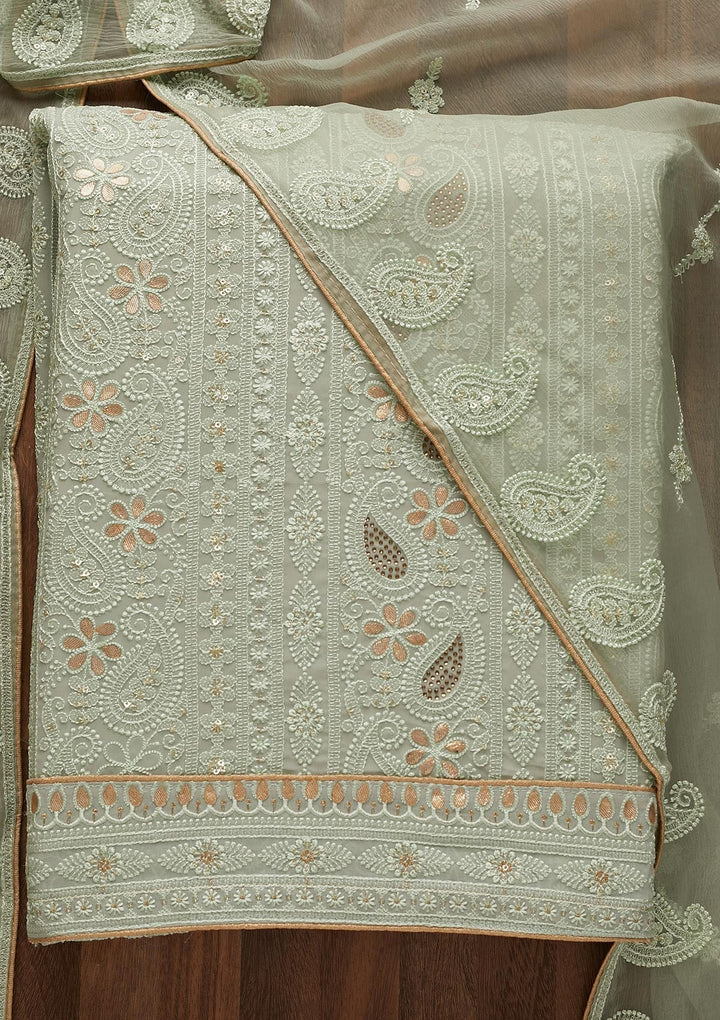Pista Green Threadwork Georgette  Unstitched Salwar Suit - Koskii