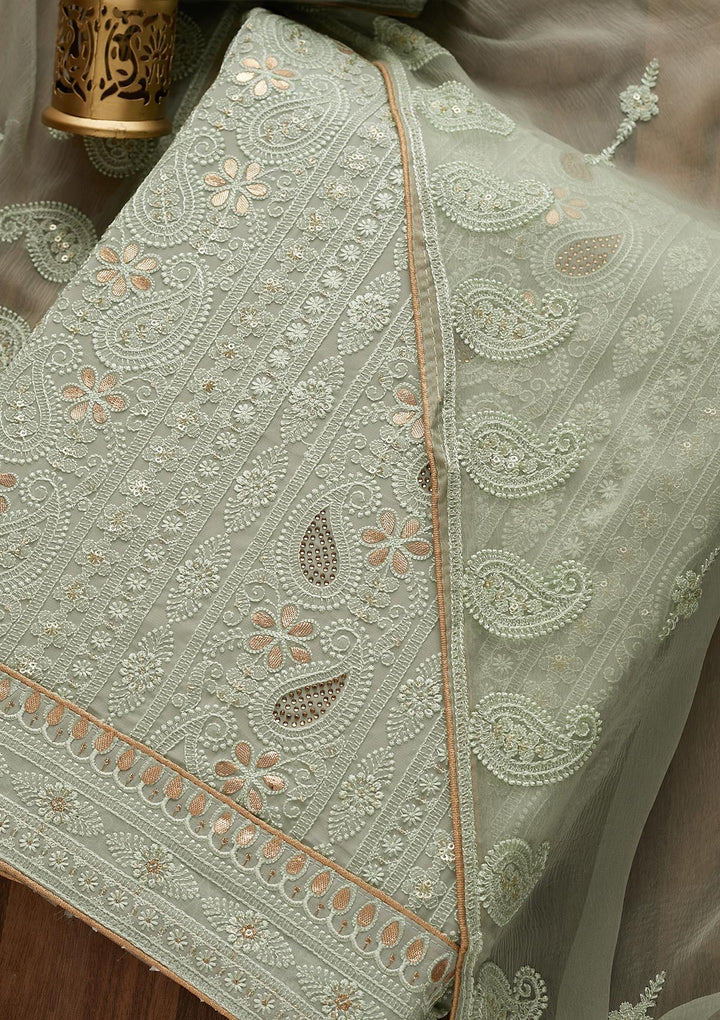 Pista Green Threadwork Georgette  Unstitched Salwar Suit - Koskii